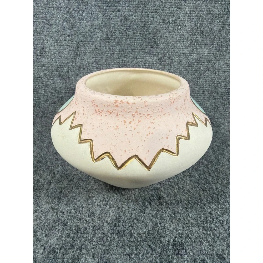 KOPA Pottery Vase AP123 Pink Turquoise 22K Gold Trim Southwestern Geometric 5.5